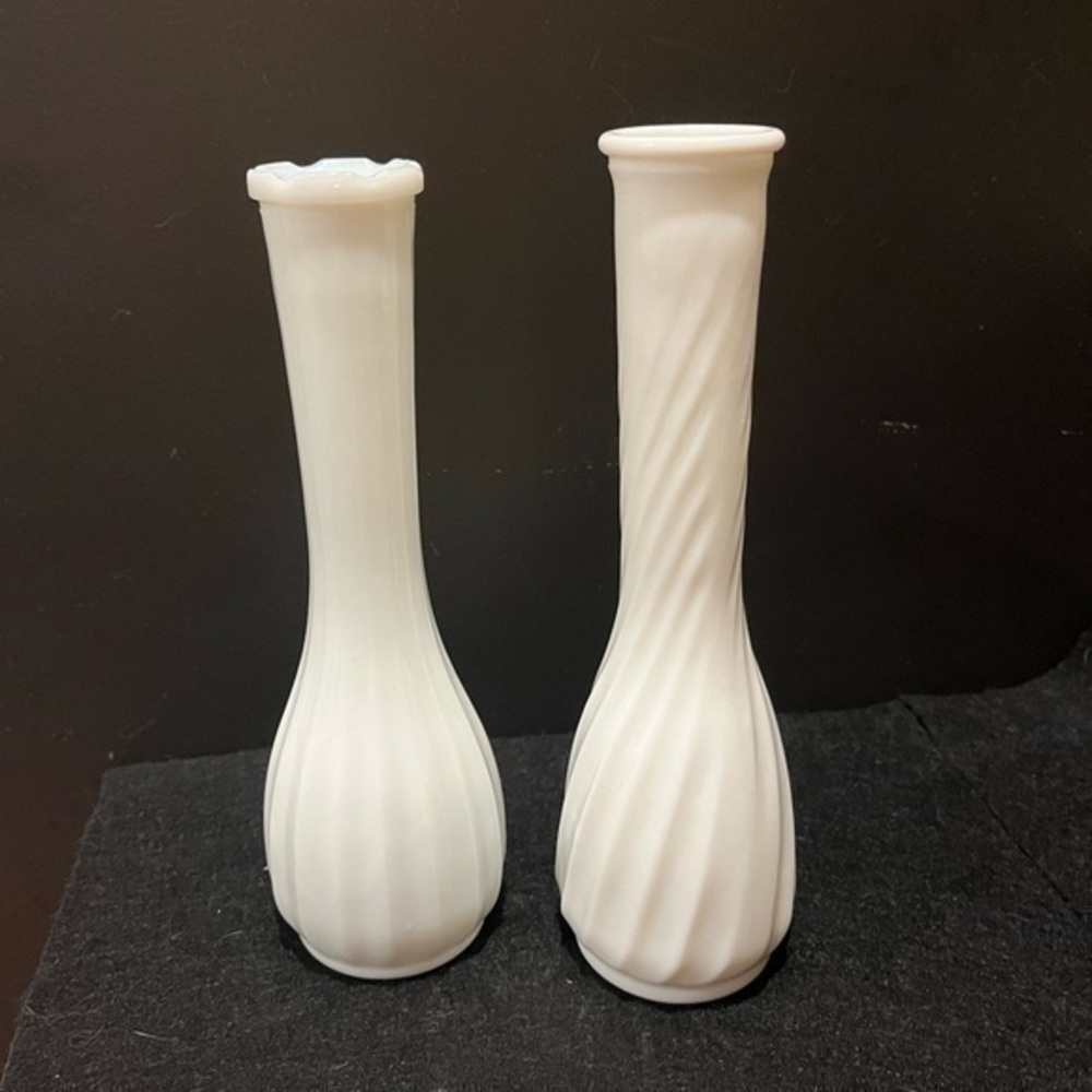 Vintage Milk Glass Bud Vases Straight Ribbed and Swirled Ribbed Set of Two